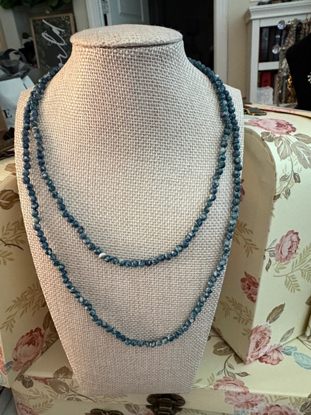 Blue Beaded Layered Necklace . Better known as Fossil beads.